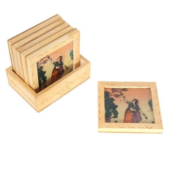 Gemstone Wood Coasters Painted Square Tea India Drink Handmade Wooden Set = 6 - Picture 7 of 8